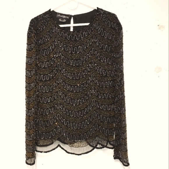 Jewel Queen women's black beaded blouse sheer long sleeves pull over Size: 2X - Picture 1 of 6